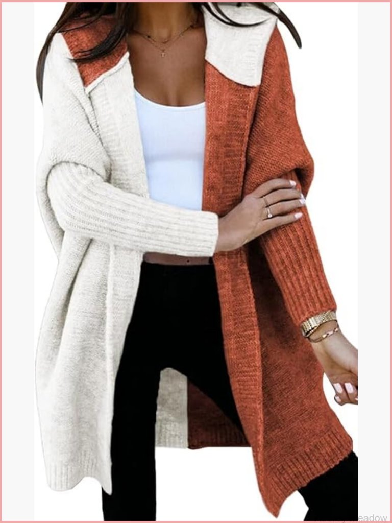 Open Front Hooded Knit Cardigan Sweater Color Block Outwear Coat